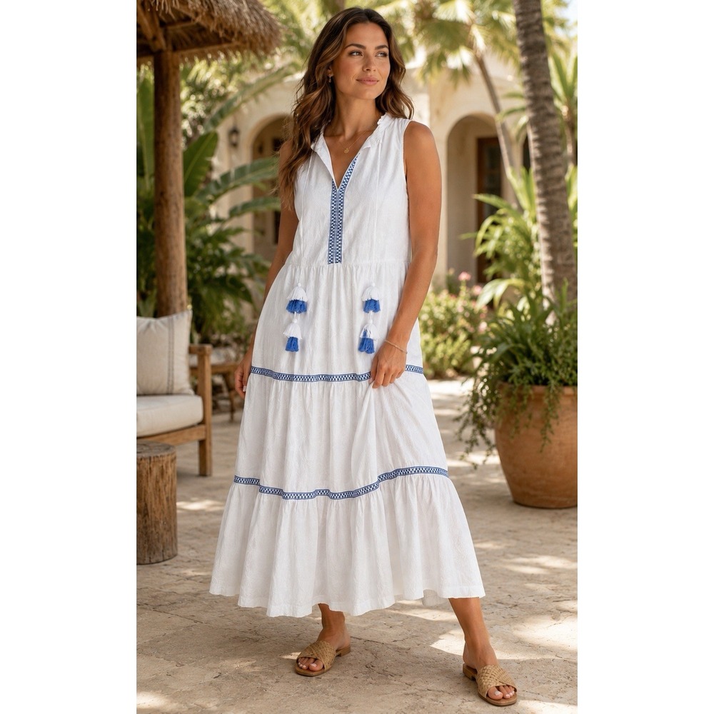Tommy Bahama XS White Blue Embroidered Pockets Tiered Maxi Dress Resort PP52